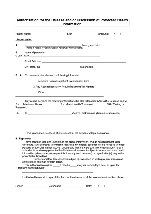 Authorization For The Release And/or Discussion Of Protected Health Information Form Printable pdf