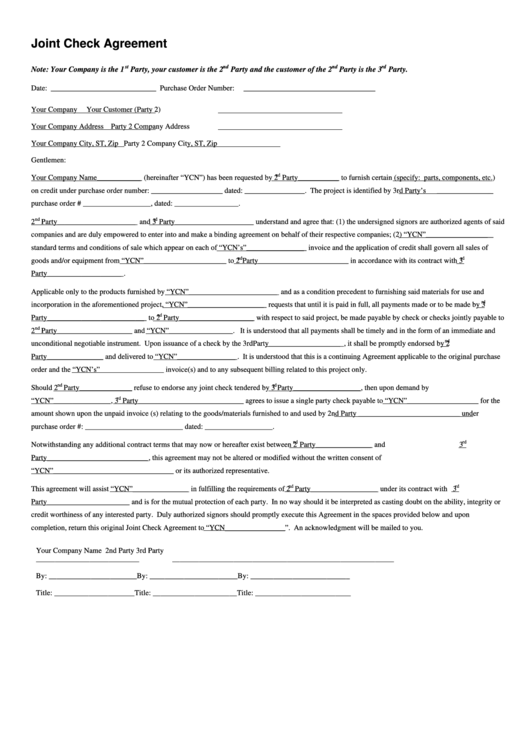 Joint Check Agreement Template Printable pdf