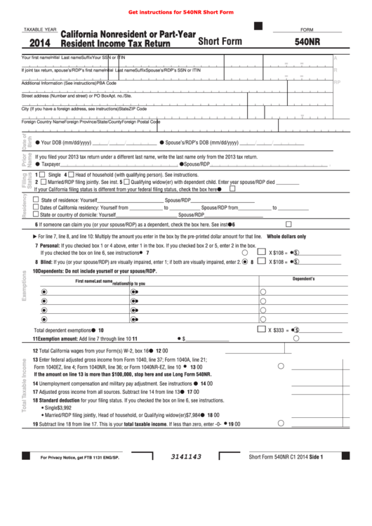 Fillable Form 540nr - California Nonresident Or Part-Year Resident Income Tax Return - 2014 Printable pdf