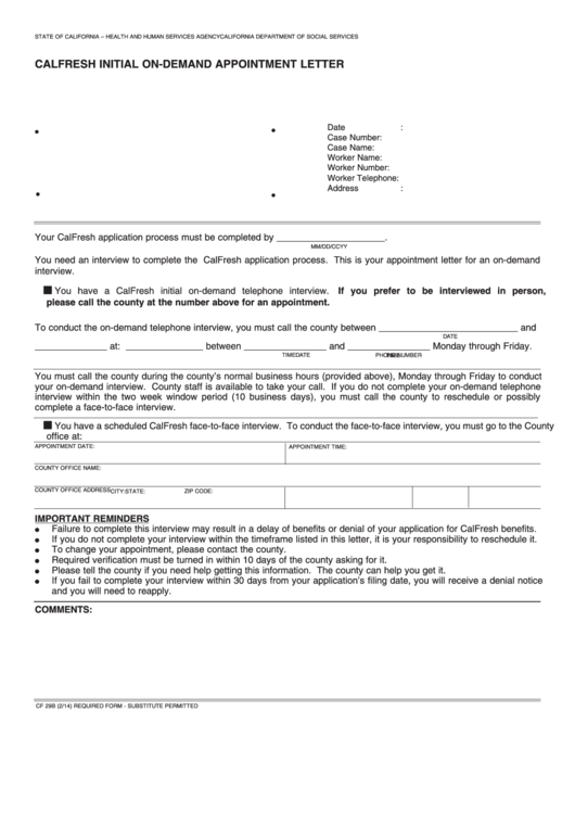 Fillable Form Cf 29b Calfresh Initial On-Demand Appointment Letter Printable pdf