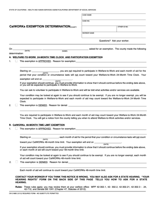 Fillable Form Cw 2186b Calworks Exemption Determination Printable pdf