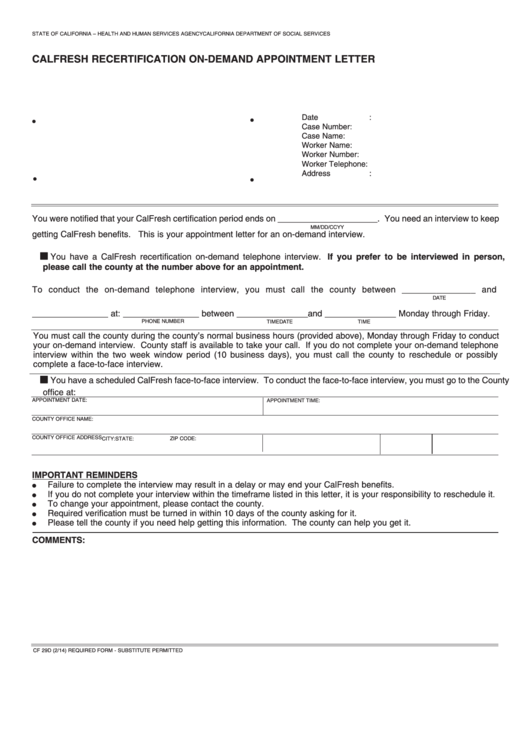Fillable Form Cf 29d Calfresh Recertification On-Demand Appointment Letter Printable pdf