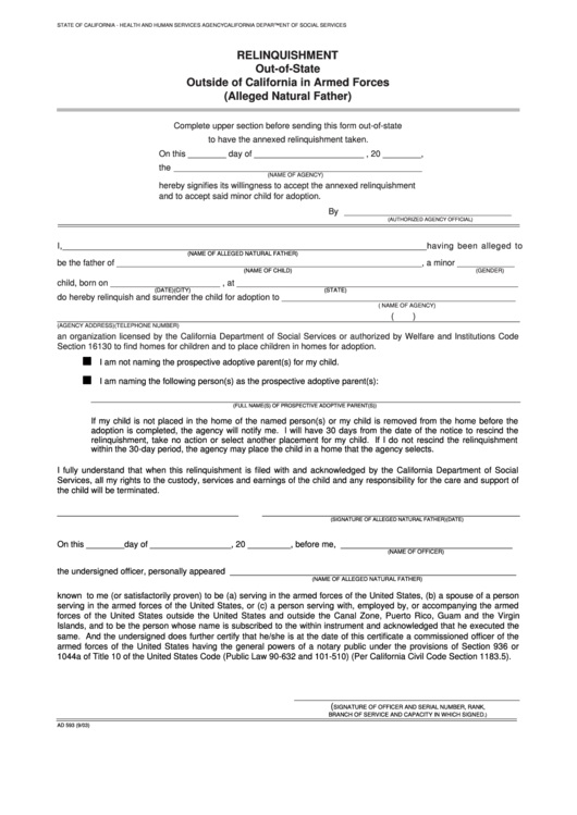 Fillable Form Ad 593 Relinquishment Out-Of-State Outside Of California In Armed Forces Printable pdf