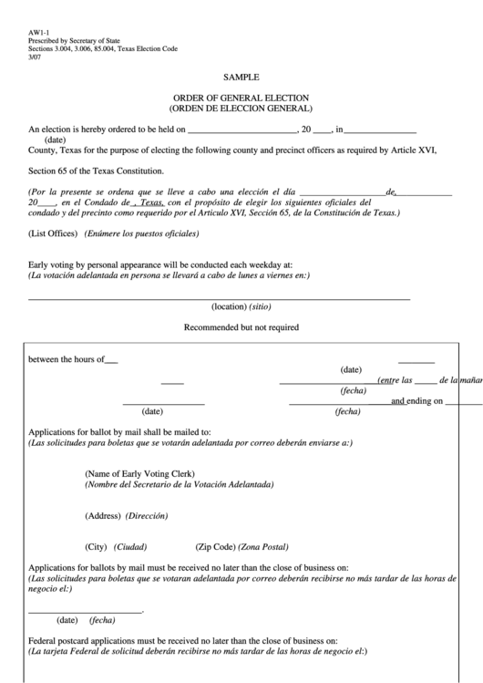 Form Aw1-1 Order Of General Election (Orden De Eleccion General) Printable pdf