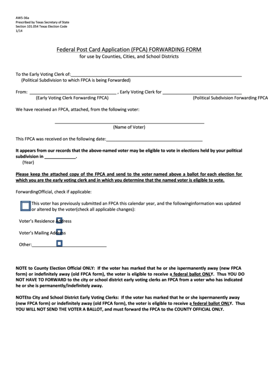 Form Aw5-36a Federal Post Card Application (Fpca) Forwarding Form Printable pdf