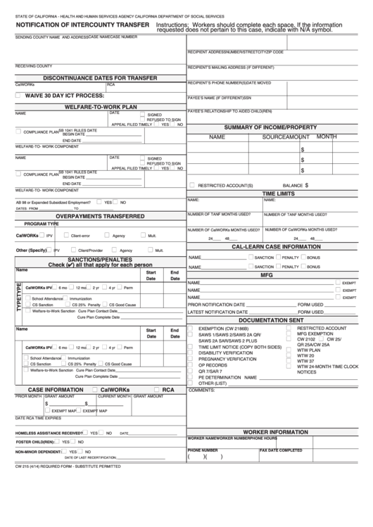 Fillable Form Cw 215 Notification Of Intercounty Transfer Printable pdf