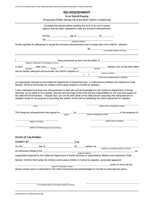 Fillable Form Ad 583 Relinquishment In Or Out-Of-County Printable pdf