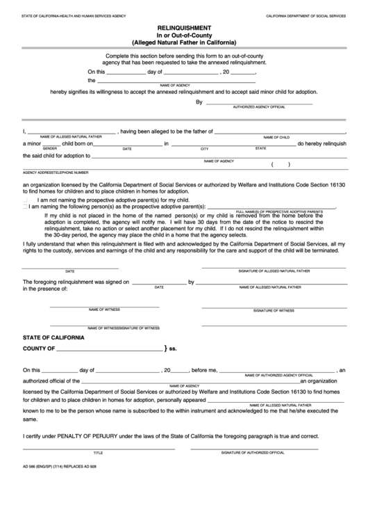 Fillable Form Ad 586 Relinquishment In Or Out-Of-County (Alleged Natural Father In California) Printable pdf