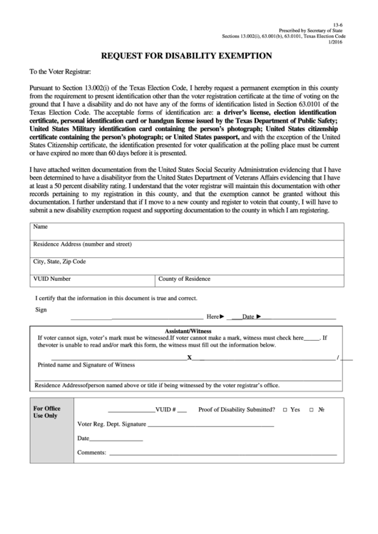 Request For Disability Exemption Form Printable pdf