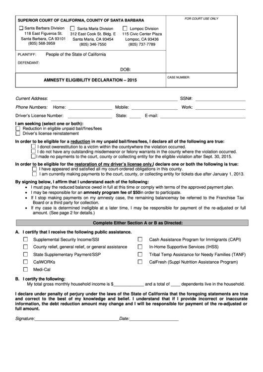 Fillable Amnesty Eligibility Declaration Form - 2015 - Superior Court Of California, County Of Santa Barbara Printable pdf