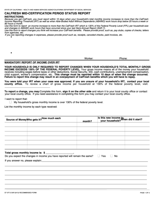 Fillable Form Cf 377.5 Sar Calfresh Mid-Certification Period Status Report Printable pdf