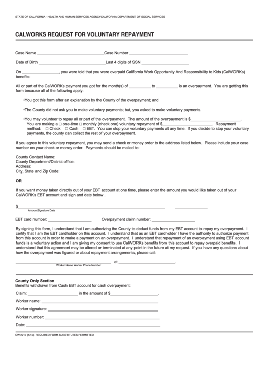 Fillable Form Cw 2217 Calworks Request For Voluntary Repayment Printable pdf