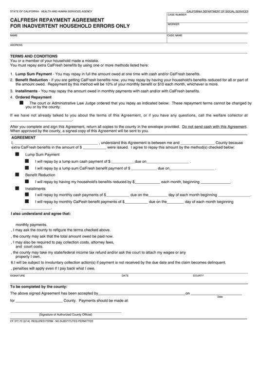Fillable Form Cf 377.7c Calfresh Repayment Agreementfor Inadvertent Household Errors Only Printable pdf