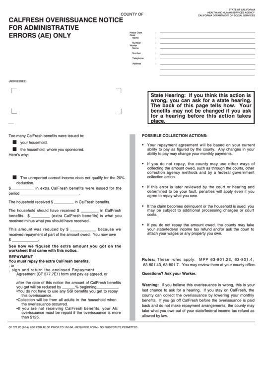 Fillable Form Cf 377.7d Calfresh Overissuance Noticefor Administrative Errors (Ae) Only Printable pdf