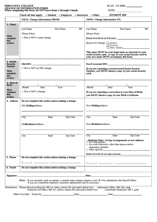 Change Of Information Form - Miracosta College Printable pdf