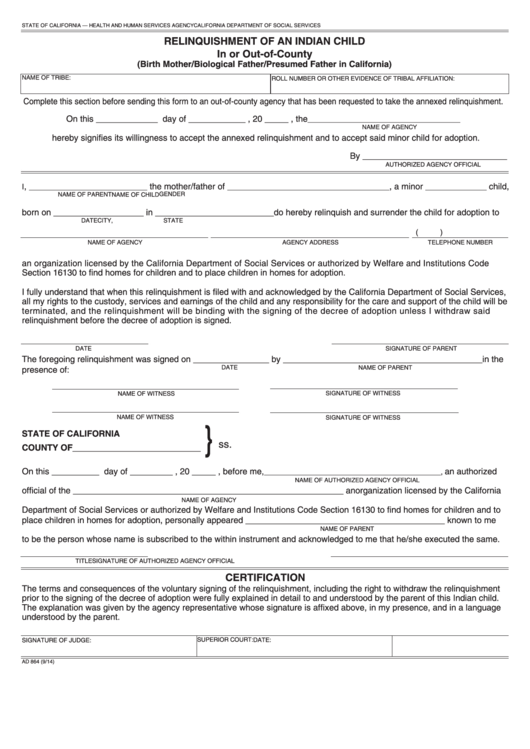 Fillable Form Ad 864 Relinquishment Of An Indian Child In Or Out-Of-County Printable pdf
