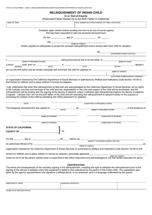 Fillable Form Ad 866 Relinquishment Of Indian Child In Or Out-Of-County Printable pdf