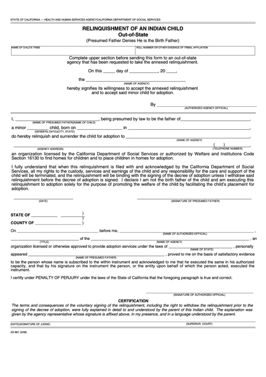 Fillable Form Ad 867 Relinquishment Of An Indian Child Out-Of-State Printable pdf