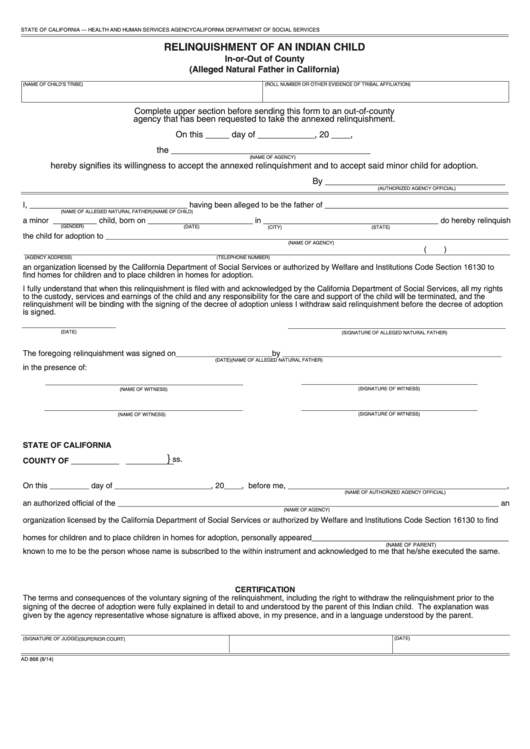 Fillable Form Ad 868 Relinquishment Of An Indian Child In-Or-Out Of County Printable pdf