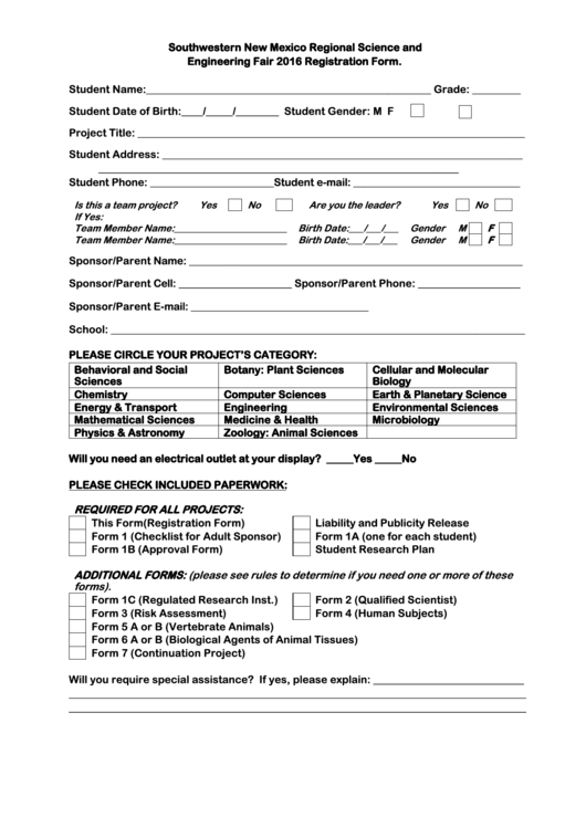 Southwestern New Mexico Regional Science And Engineering Fair 2016 Registration Form Printable pdf