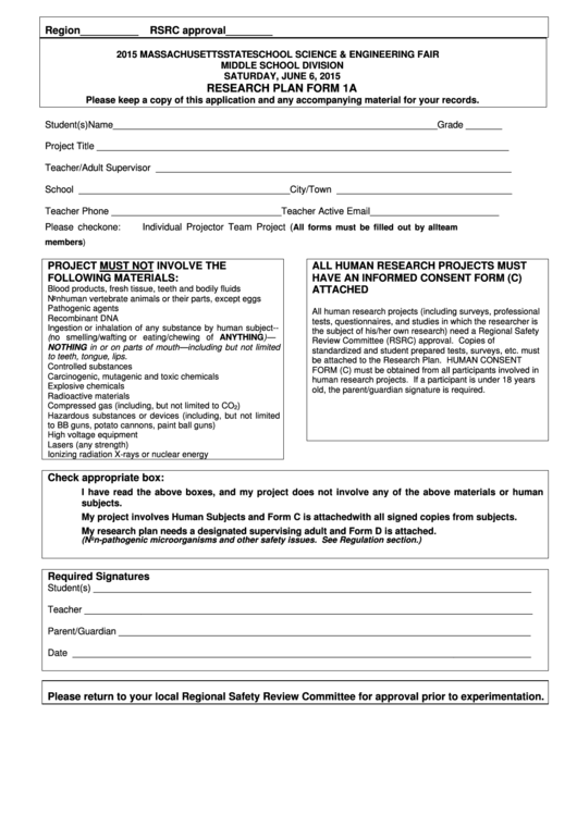 Fillable Research Plan Form 1a - 2015 Massachusetts State School Science & Engineering Fair Middle School Division Printable pdf