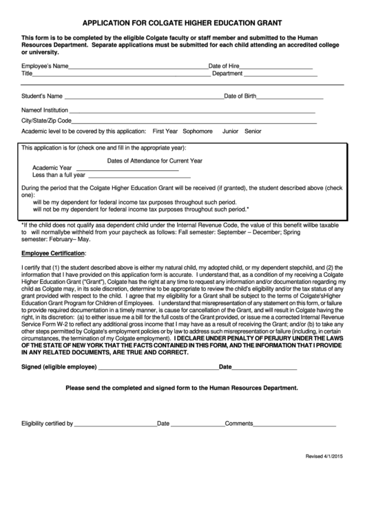Fillable Application For Colgate Higher Education Grant Form Printable pdf