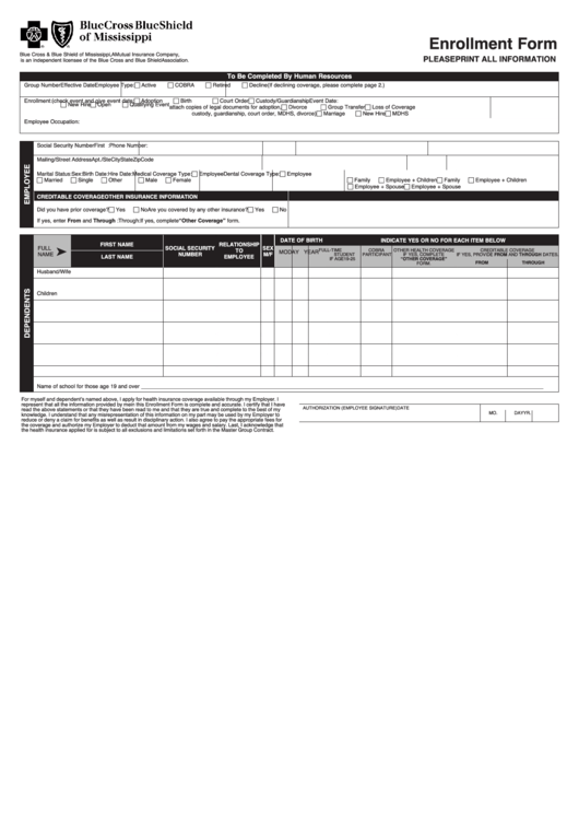 Form Bcbs 16628 - Enrollment Form Printable pdf