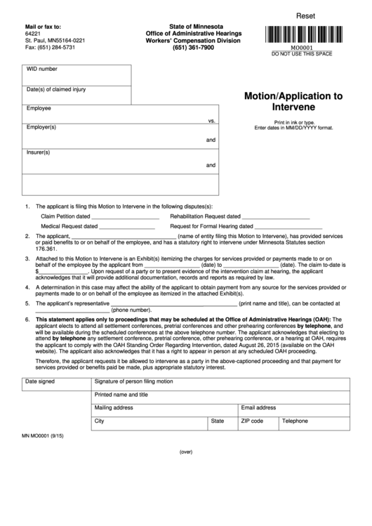 Fillable Form Mn Mo0001 (9/15) - Motion/application To Intervene Printable pdf