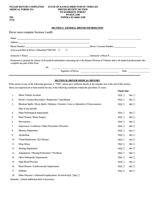 Fillable Form Co/dv-124 - Driver Medical History Form Printable pdf
