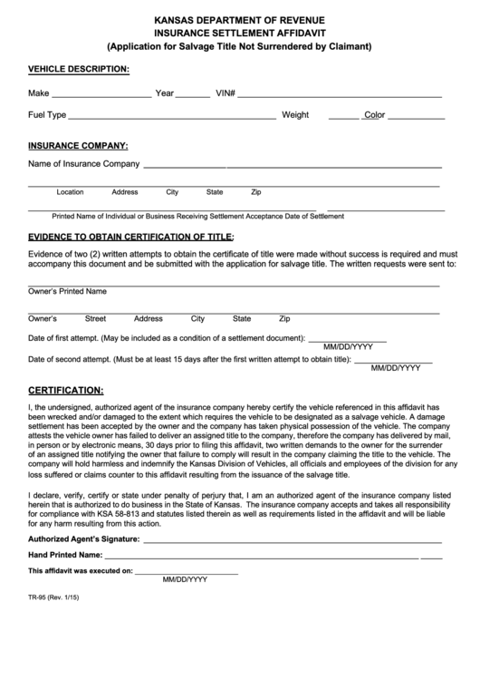 Fillable Form Tr-95 - Insurance Settlement Affidavit - Kansas Department Of Revenue Printable pdf