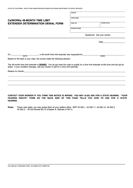 Fillable Form Cw 2190b Calworks 48-Month Time Limitextender Determination Denial Form Printable pdf