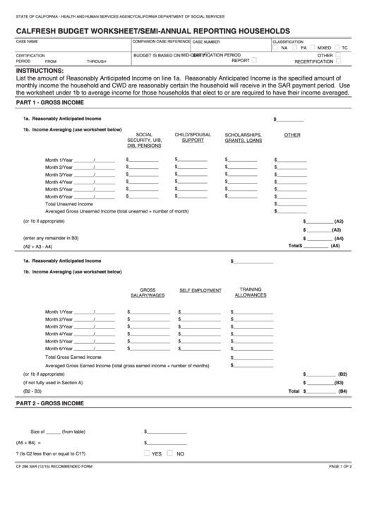 Fillable Form Cf 286 Sar Calfresh Budget Worksheet/semi-Annual Reporting Households Printable pdf