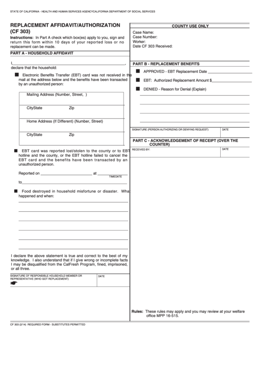 Fillable Form Cf 303 Replacement Affidavit/authorization Printable pdf