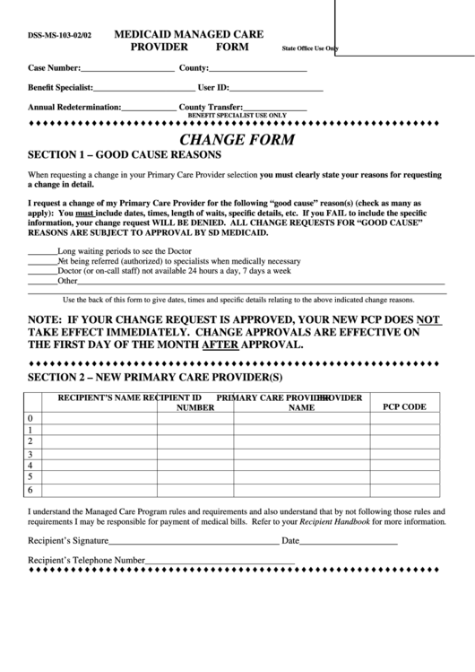 Form Dss-Ms-103-02/02 - Change Form, Medicaid Managed Are Provider Form Printable pdf