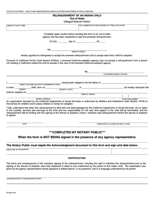 Fillable Form Ad 862 Relinquishment Of An Indian Child Out-Of-State Printable pdf