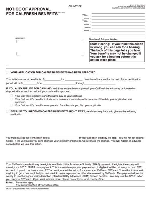 Fillable Form 377.1 Notice Of Approvalfor Calfresh Benefits Printable pdf