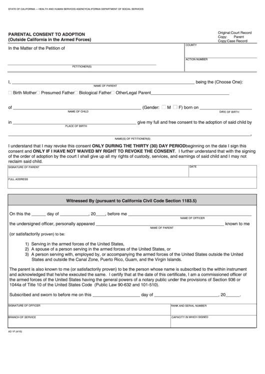 Fillable Form Ad 1f Parental Consent To Adoption (Outside California In The Armed Forces) Printable pdf