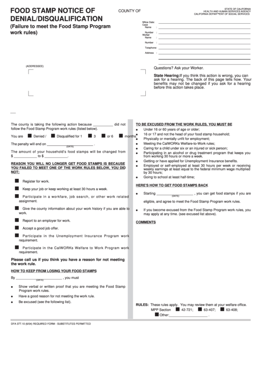 Fillable Form Dfa 377.10 Food Stamp Notice Ofdenial/disqualification Printable pdf