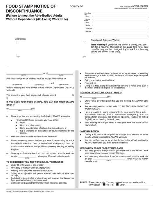 Fillable Form Dfa 377.11 Food Stamp Notice Ofdiscontinuance Printable pdf