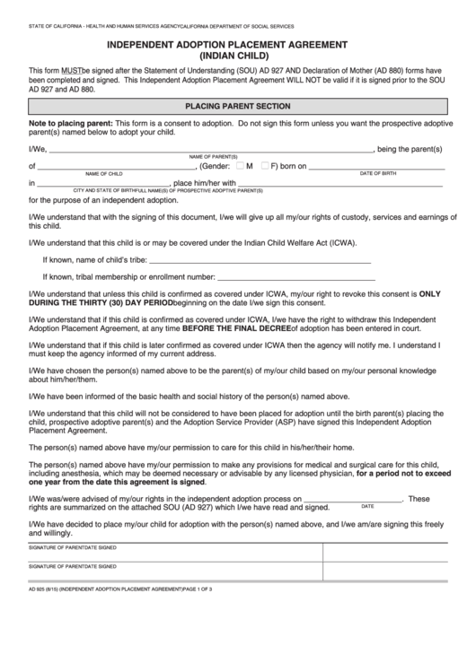Fillable Form Ad 925 Independent Adoption Placement Agreement (Indian Child) Printable pdf