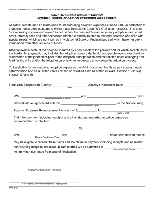 Fillable Form Aap 8 Adoption Assistance Program Nonrecurring Adoption Expenses Agreement Printable pdf
