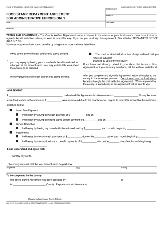 Fillable Form Dfa 377.7e Food Stamp Repayment Agreementfor Administrative Errors Only Printable pdf