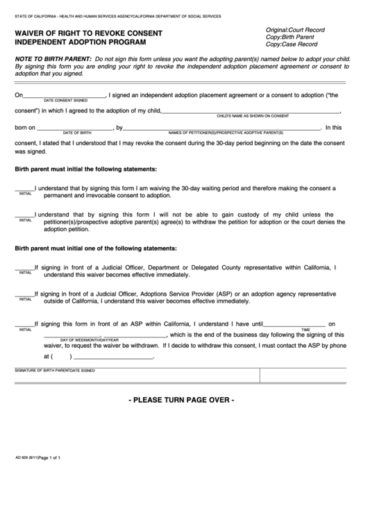 Fillable Form Ad 929 Waiver Of Right To Revoke Consent Independent Adoption Program - Independent Adoptions Program Printable pdf