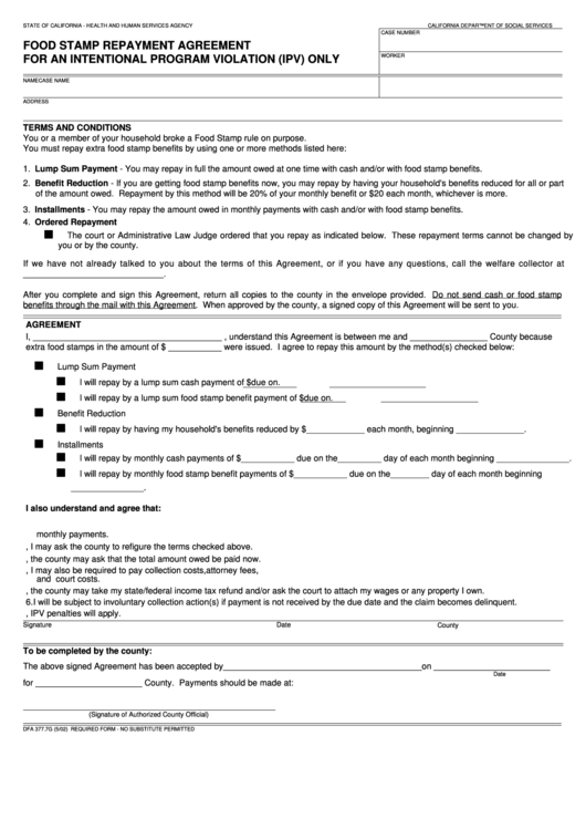 Fillable Form 377.7g Food Stamp Repayment Agreementfor An Intentional Program Violation (Ipv) Only Printable pdf