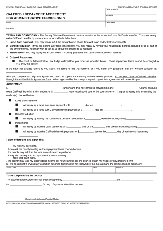 Fillable Form Cf 377.7e1 Calfresh Repayment Agreementfor Administrative Errors Only Printable pdf