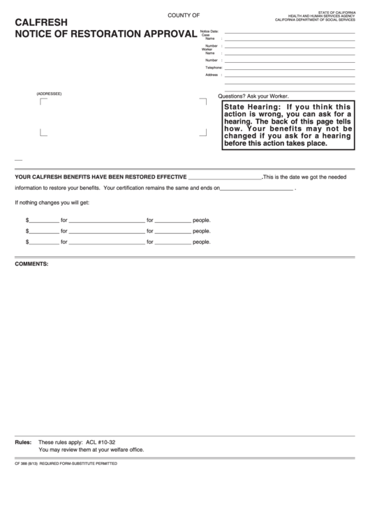 Fillable Form Cf 388 Calfreshnotice Of Restoration Approval Printable pdf