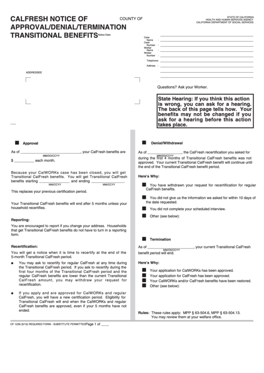 Fillable Form Cf 1239 Calfresh Notice Ofapproval/denial/terminationtransitional Benefits Printable pdf