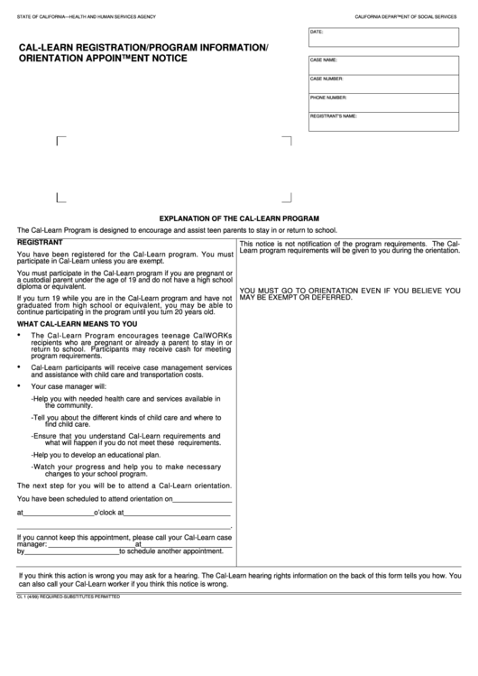 Fillable Form Cl 1 Cal-Learn Registration/program Information/orientation Appointment Notice Printable pdf
