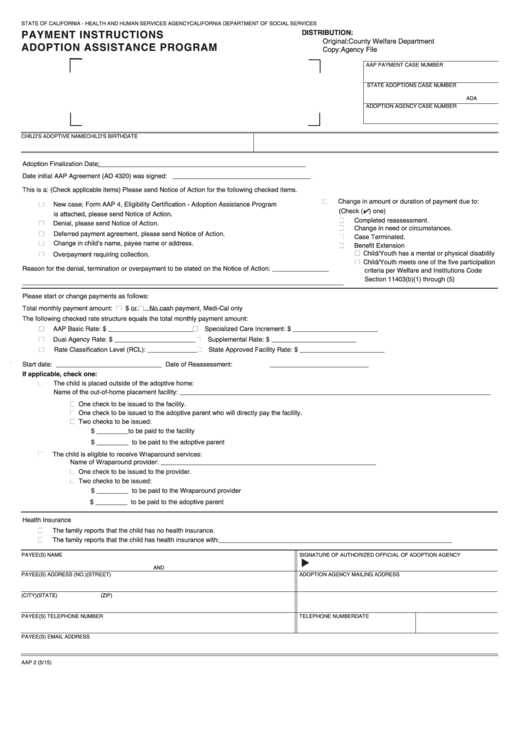 Form Aap 2 Payment Instructions Adoption Assistance Program Printable pdf
