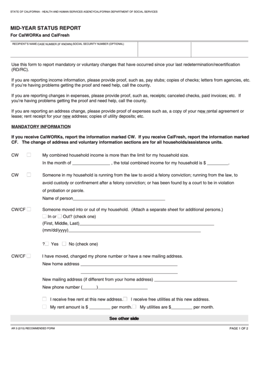 Fillable Form Ar 3 Mid-Year Status Report For Calworks And Calfresh Printable pdf